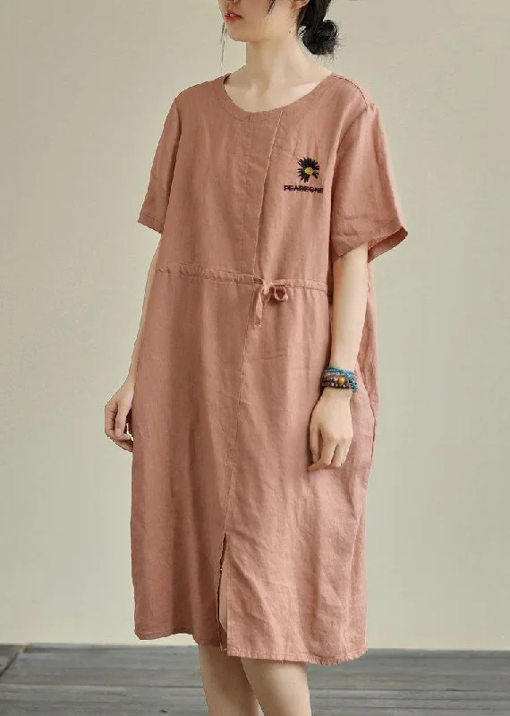 Daily Deals bohemian dressChic red linen clothes o neck drawstring Plus Size Dresses