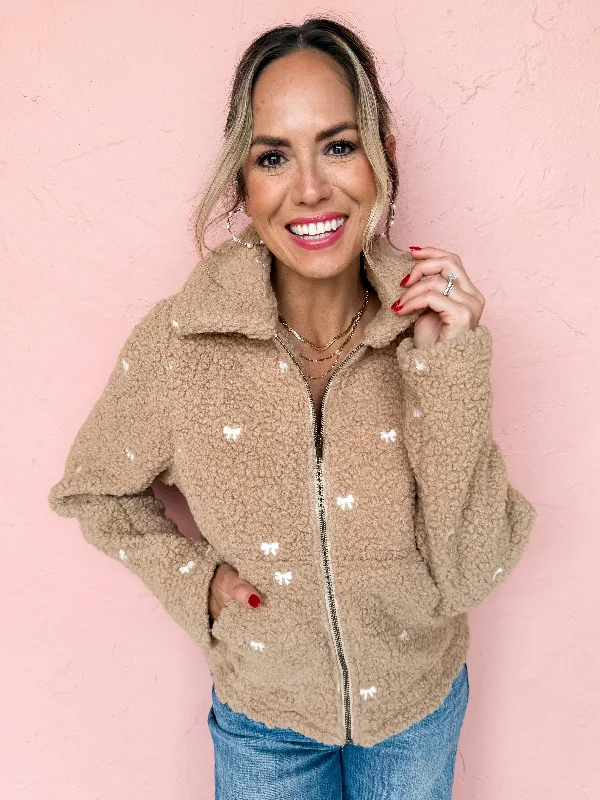 Flash Deals chic padded coatTour The Town Bow Embroidered Teddy Jacket