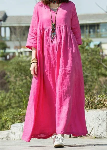 Big Discounts fitted dressModern v neck Cinched linen dresses Neckline rose Dress summer