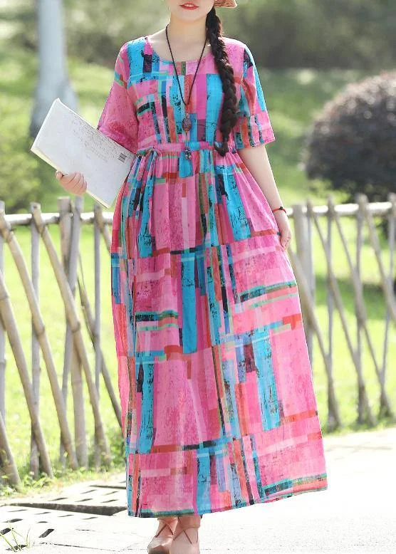 Fantastic Offers party-ready dressModern pink prints cotton linen quilting clothes fine Work tie waist Maxi summer Dress