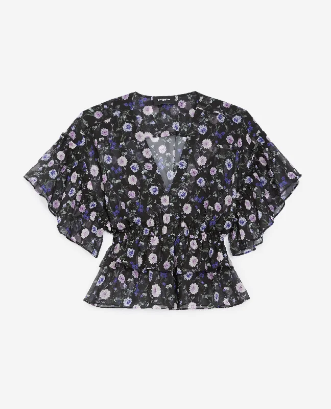 Take Advantage Short-Sleeved Silk Top With Print | Women | Black x Purple