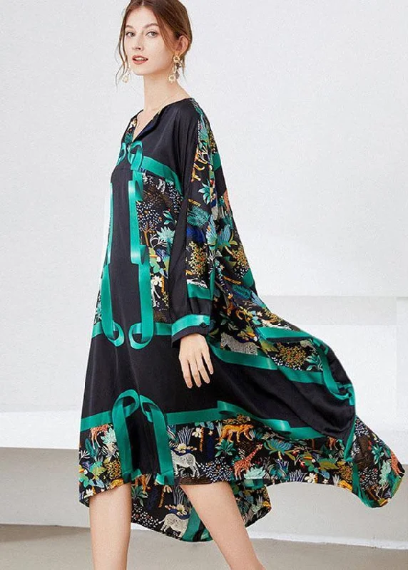 Exclusive Access summer floral dressVintage Black Green V Neck Print Fall Long Dresses