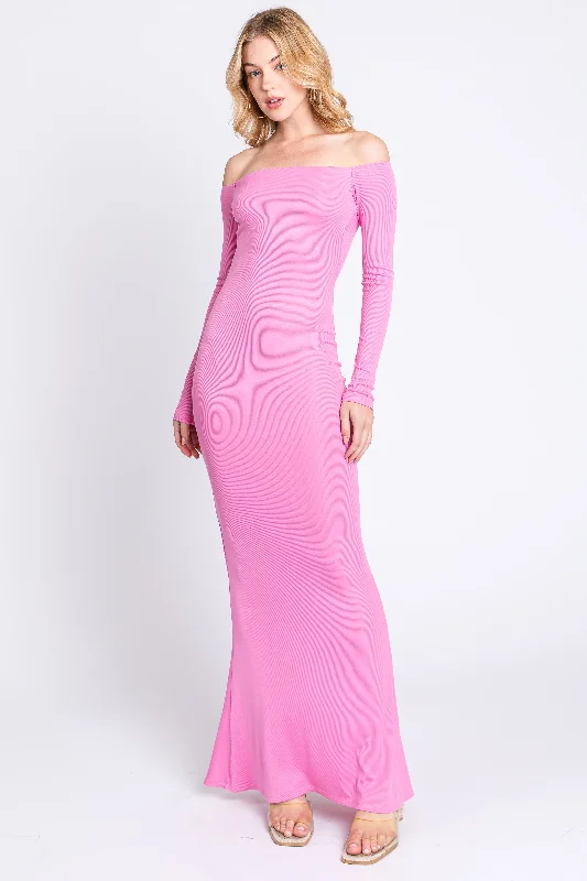 Warehouse Sale formal dressPink Ribbed Off Shoulder Long Sleeve Maxi Dress