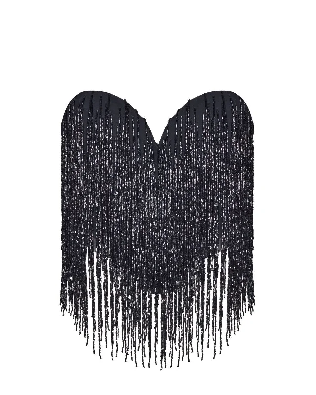 Overstock Sequined crepe corset top with beaded fringe with fringe