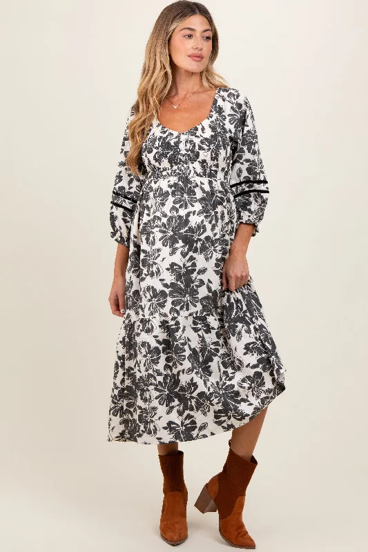 Great Bargains stylish dressCream Floral Smocked 3/4 Sleeve Tiered Maternity Midi Dress