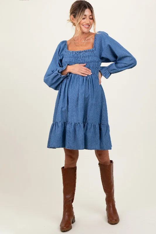 Seasonal Sale off-the-shoulder dressBlue Vintage Wash Chambray Smocked Maternity Midi Dress