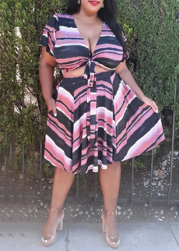 Discount Days Hi Curvy Plus Size Women Multi Stripe Print Wrap Top & Flare Skirt Set
