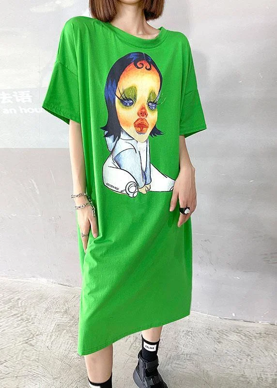 Weekend Flash Sale shift dressBoutique Green Character Pattern Side Open Long Dress
