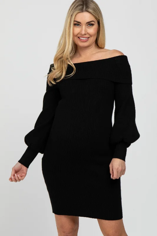 New Arrival elegant maxi dressBlack Off Shoulder Bubble Sleeve Maternity Sweater Dress