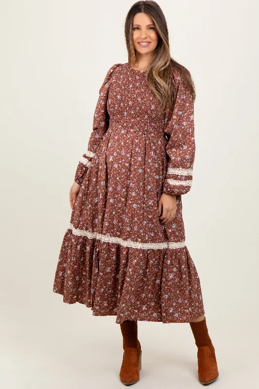 Huge Discounts pleated dressMocha Smocked Floral Crochet Lace Trim Maternity Maxi Dress