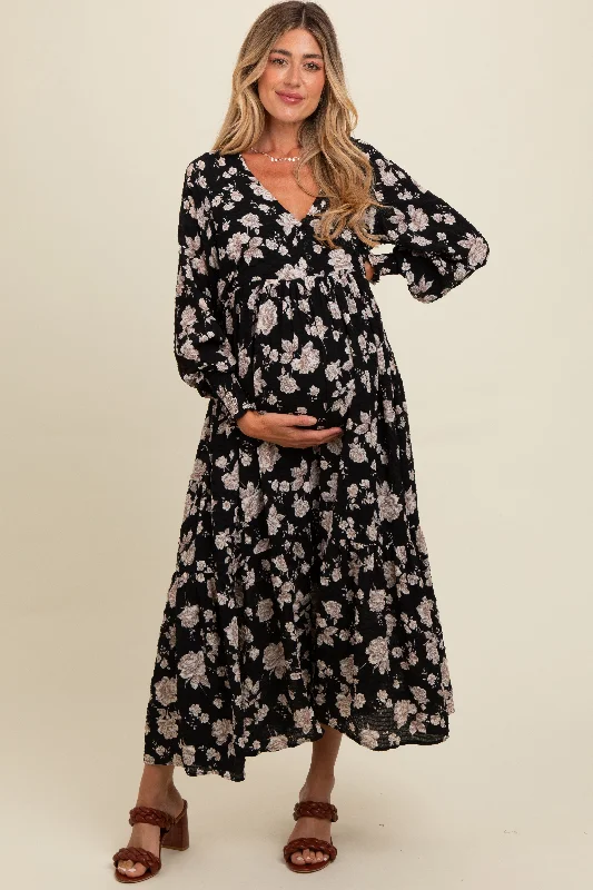 Closeout Sale office dressBlack Floral Textured Bubble Sleeve Maternity Maxi Dress