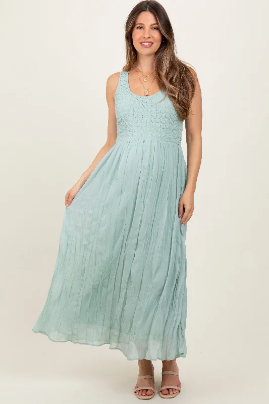 Epic Deals trendy mini dressLight Olive Textured Smocked Bodice Sleeveless Maternity Maxi Dress