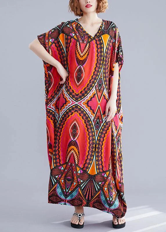 Year-End Sale flowy evening dressHandmade prints cotton Wardrobes Runway red v neck A Line Dresses summer