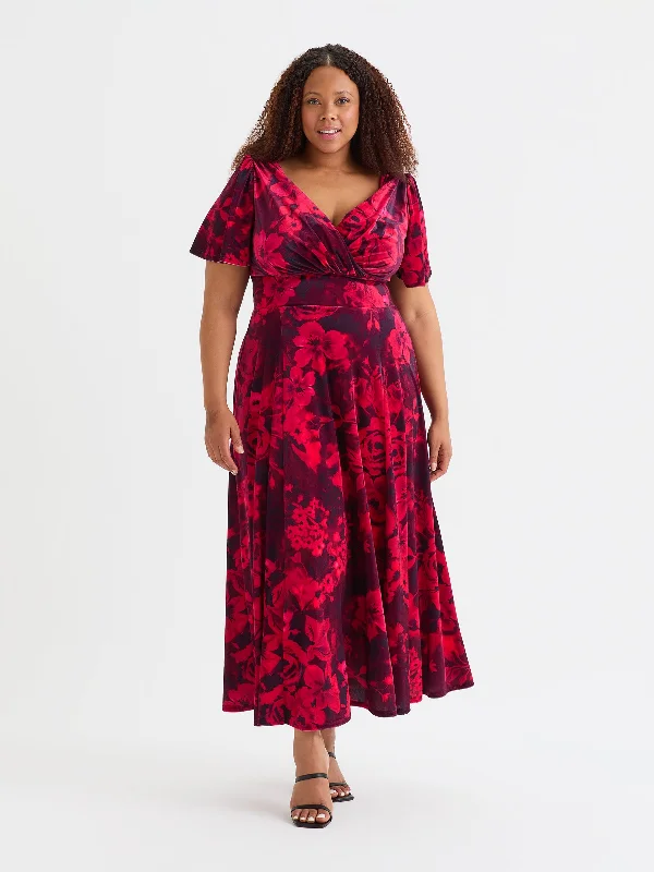 Act Now floral wrap dressIsabelle Wine Red Velvet Float Sleeve Maxi Dress