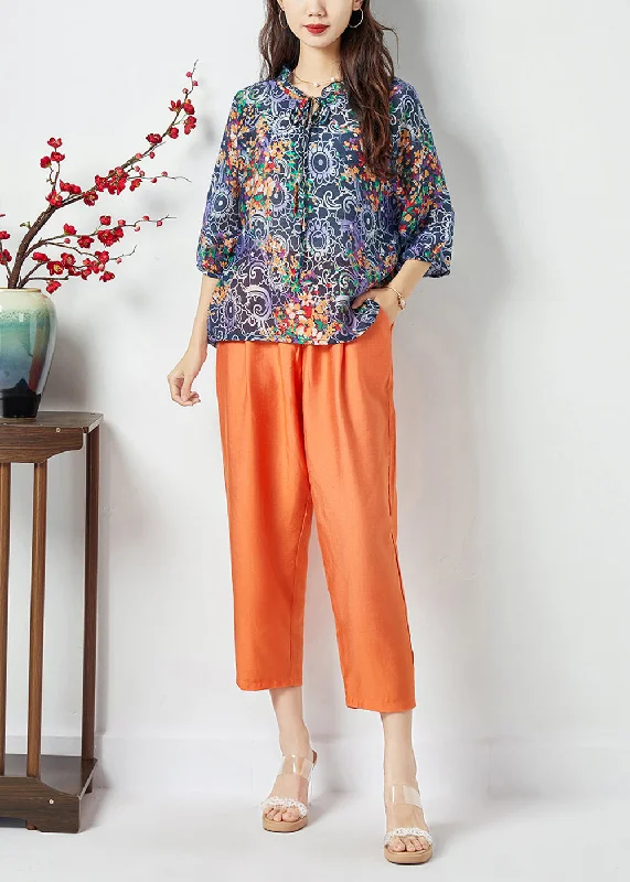 Quick Sale Women Ruffled Lace Up Print Cotton Tops And Pants Two Pieces Set Summer LC0401