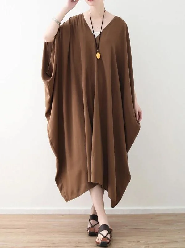 Early Access pleated dressModern v neck asymmetric clothes Women Runway chocolate loose Dress summer