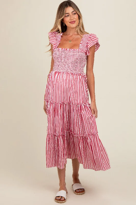 Savings Event satin midi dressRed Striped Smocked Ruffle Tiered Maternity Midi Dress