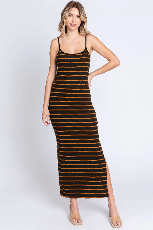 Super Savings sleek midi dressBlack Striped Ribbed Side Slit Midi Dress
