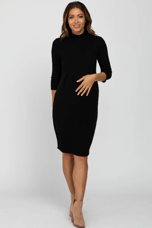 Unmissable Offer vintage-inspired dressBlack Brushed Mock Neck Fitted Maternity Dress