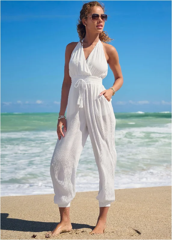 Seasonal Clearance chic slip dressTassel Jumpsuit Cover-Up - Pearl White