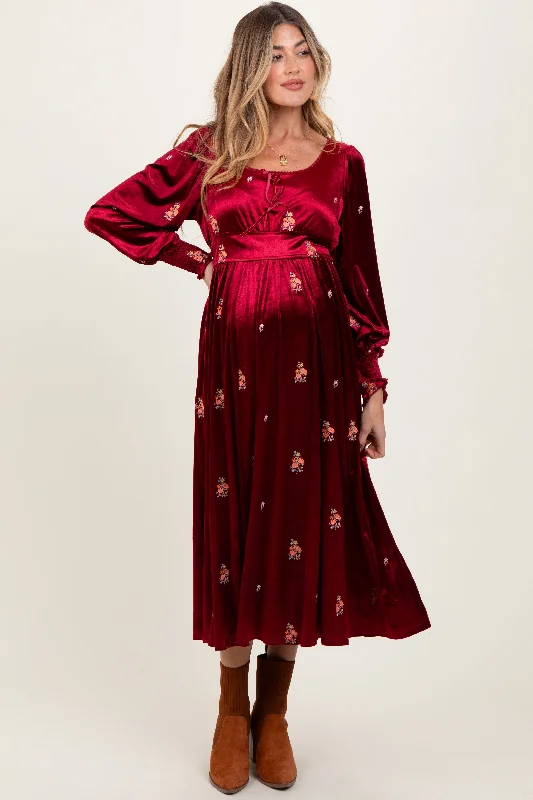 Early Bird Discount classic fit-and-flare dressRed Velvet Embroidered Floral Maternity Midi Dress