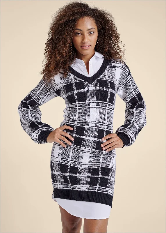 Sneak Peek Sale elegant dressPlaid Layered Sweater Dress - White & Black