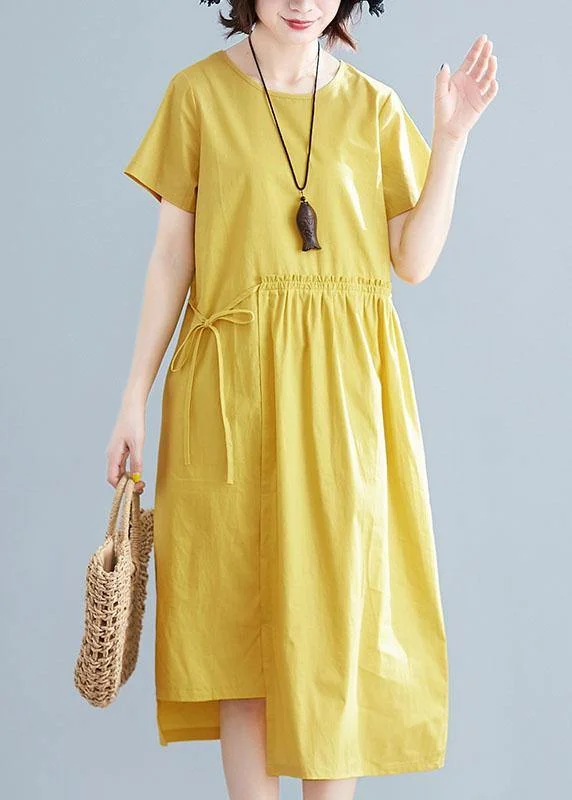 Great Deals vintage-inspired dressNatural yellow linen cotton Robes o neck drawstring Maxi summer Dresses