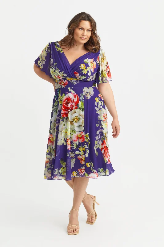 New Markdowns elegant shift dressVictoria Purple Yellow Red Angel Sleeve Mesh Midi Dress