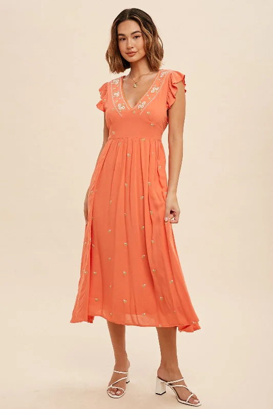Markdowns wrap dressCoral  Floral Embroidered V Neck Midi Dress