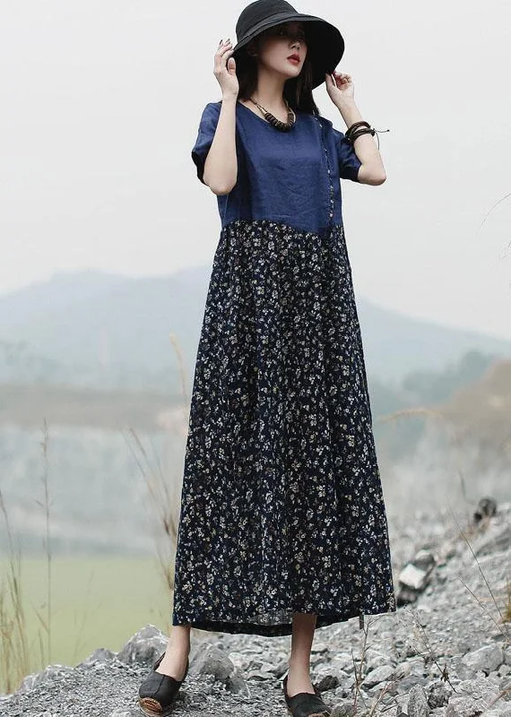 Quick Sale chic dressFrench blue short sleeve linen Robes patchwork summer Dress