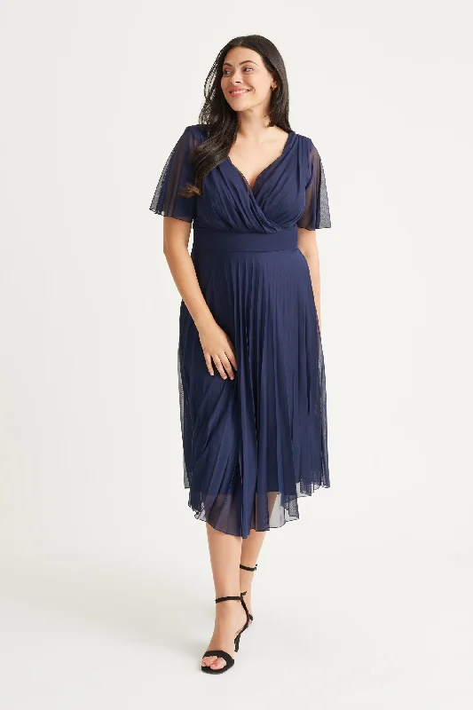 Sale Event modern dressCarole Navy Wrap Bodice Sunray Pleated Skirt Long Midi Dress