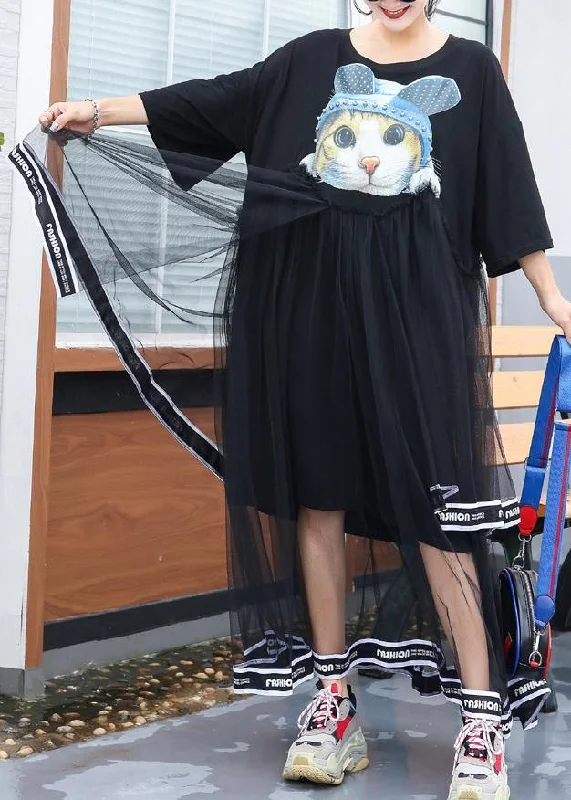 Weekend Special chic shift dressFrench black cotton Long Shirts patchwork tulle Plus Size  summer Dresses