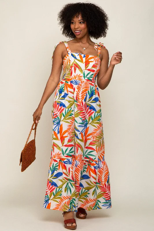 Closeout Sale structured dressOrange Multi-Color Palm Print Shoulder Tie Maxi Dress