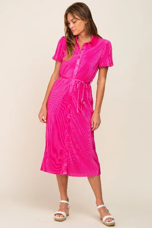 Fantastic Offers trendy bodycon dressFuchsia Pleated Button-Down Collared Midi Dress