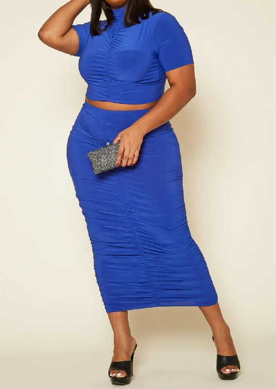 Big Discounts HI Curvy Plus Size Women Ruched Mock Neck Top & Maxi Skirt Sets