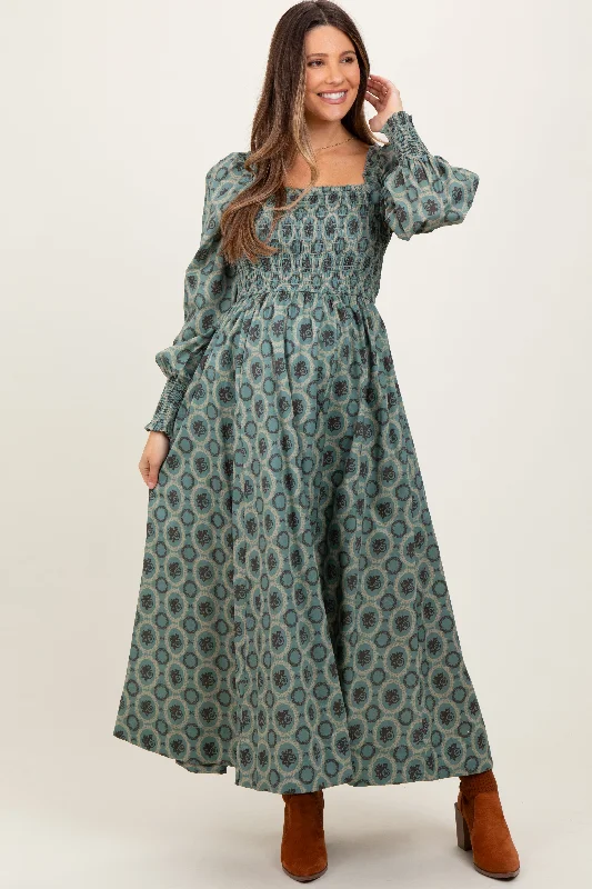 Special Price draped dressOlive Smocked Printed Square Neck Maternity Maxi Dress
