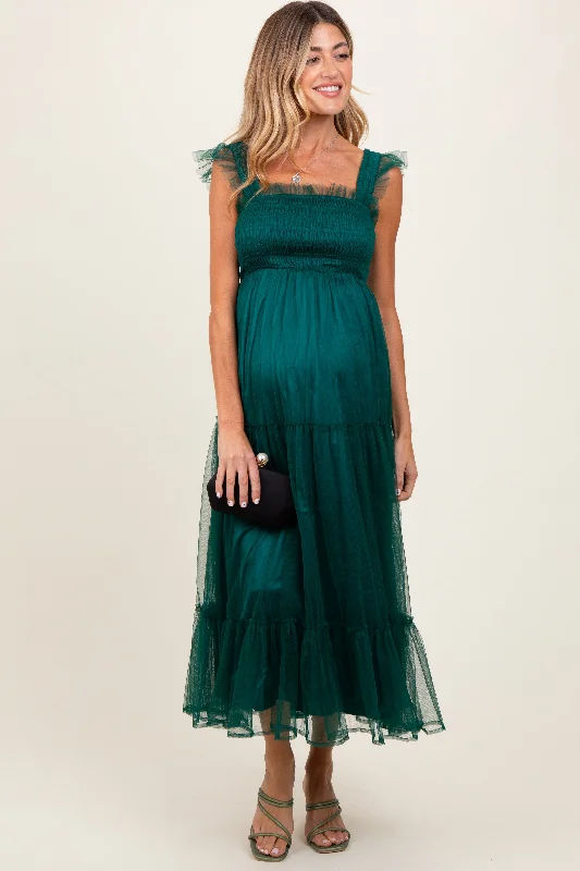 Shop and Save trendy mini dressGreen Mesh Overlay Smocked Maternity Midi Dress
