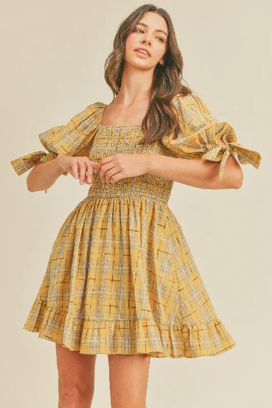 TIME-Limited Offer ashionable dressGold Plaid Plaid Smocked Mini Dress