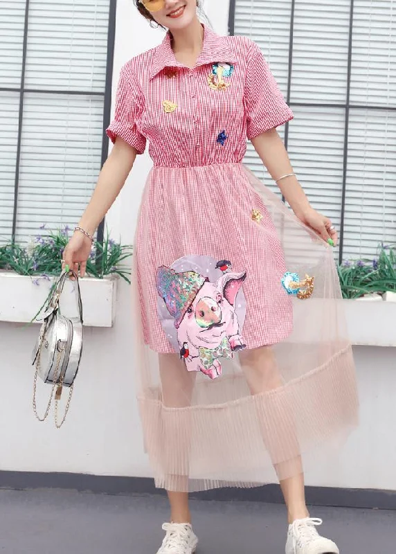 Special Discount floral midi dressElegant patchwork tulle cotton quilting clothes Tunic Tops pink plaid Maxi Dresses summer