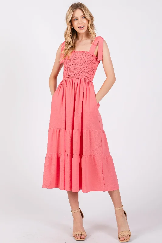 Buy Now fitted bodycon dressSalmon Smocked Tie Strap Tiered Midi Dress