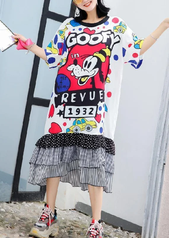 Quick Sale v-neck dressChic patchwork cotton clothes Women Sewing white prints Maxi Dress summer