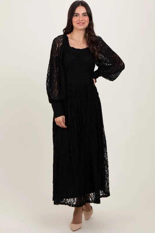 Price Fest wool dressBlack Lace Smocked Bubble Sleeve Maxi Dress