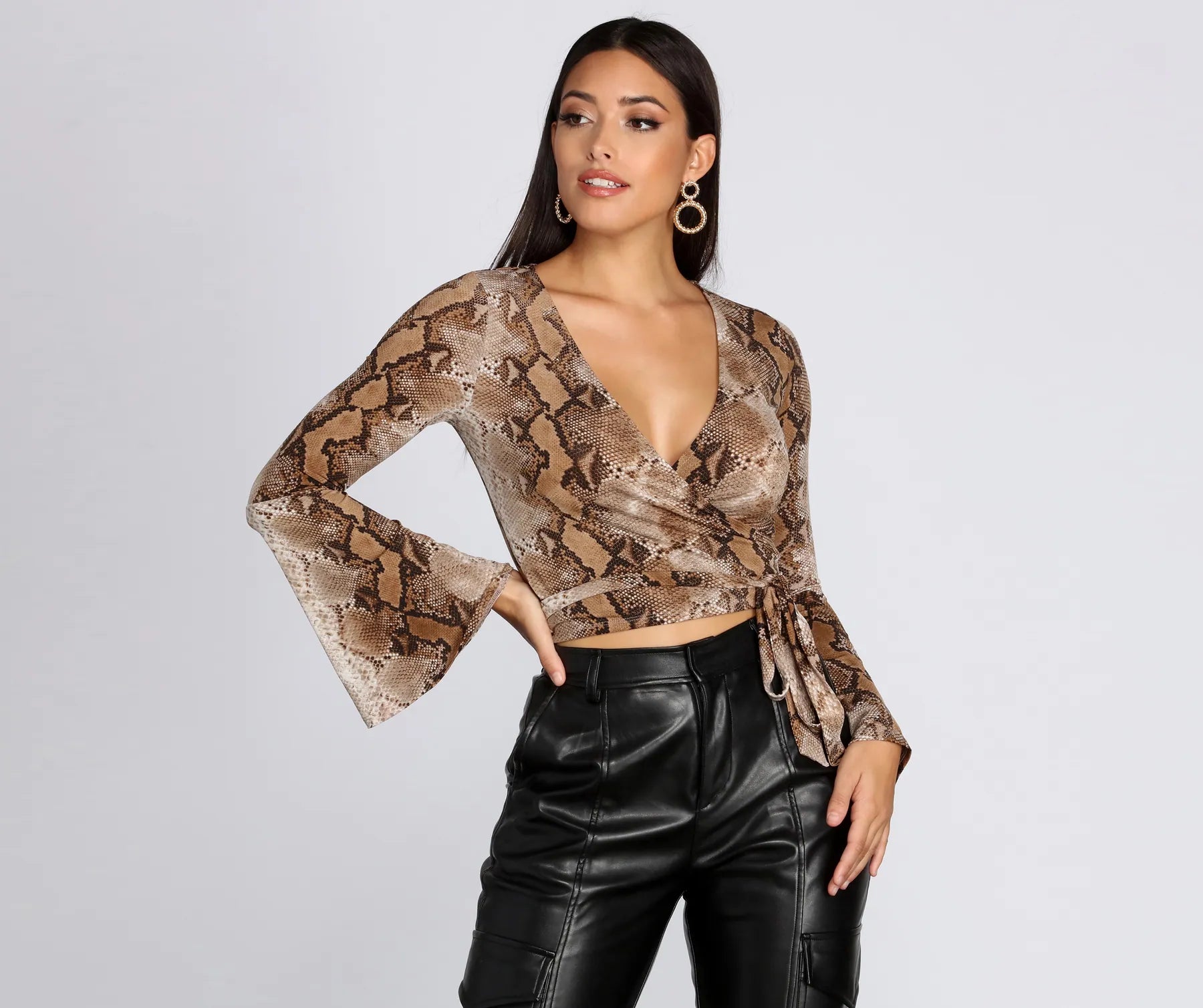 Price Cut Snake Print Bell Sleeve Top