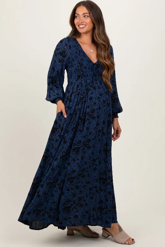 Can't Be Beat fitted dressNavy Floral Smocked Button Detail Maternity Maxi Dress