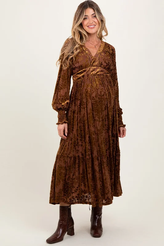 Best Deals summer floral dressMocha Floral Velvet Overlay Maternity Maxi Dress