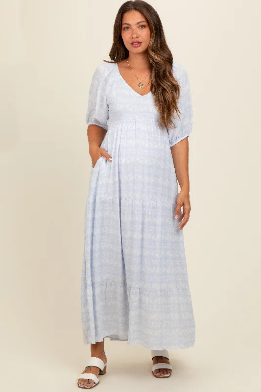 Huge Discounts casual midi dressLight Blue Floral Tiered Maternity Maxi Dress