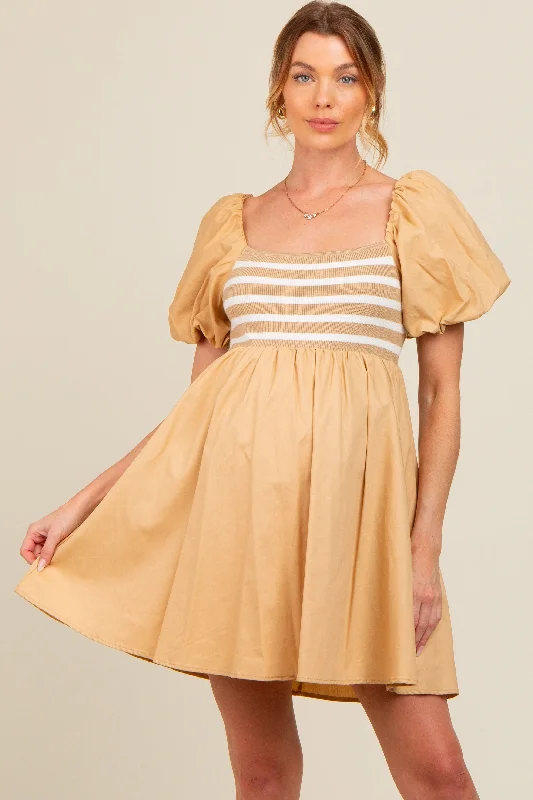 Major Savings comfy maxi dressBeige Knit Contrast Poplin Maternity Dress