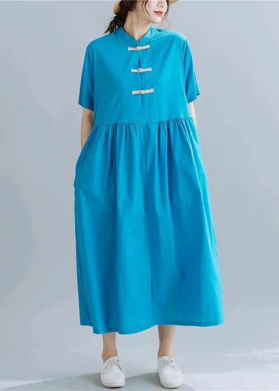 Epic Deals oversized dressFrench Chinese Button linen summerWardrobes Wardrobes blue sttand collar Dress