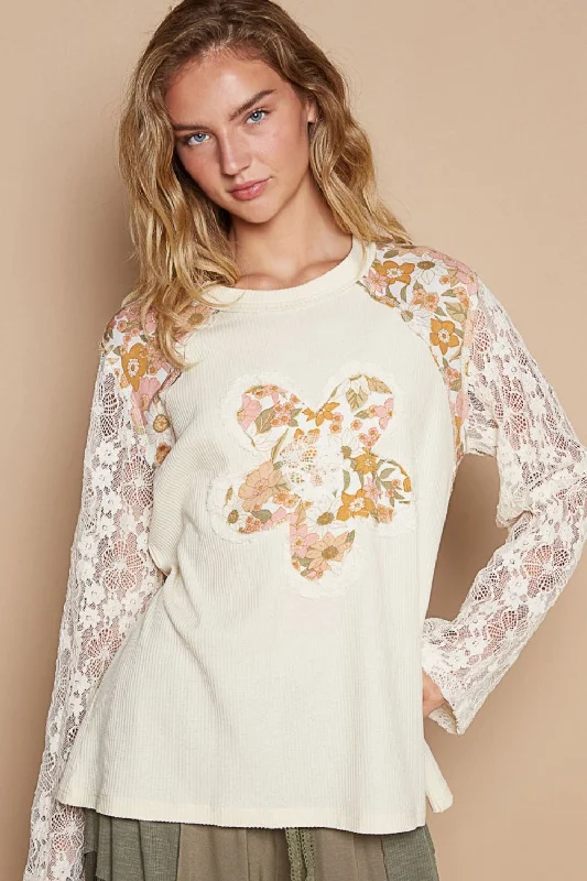 Lowest Prices POL Flower Patch Lace Sleeve Knit Top