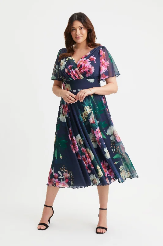 Can't Be Beat elegant dressVictoria Navy Pink White Angel Sleeve Mesh Midi Dress